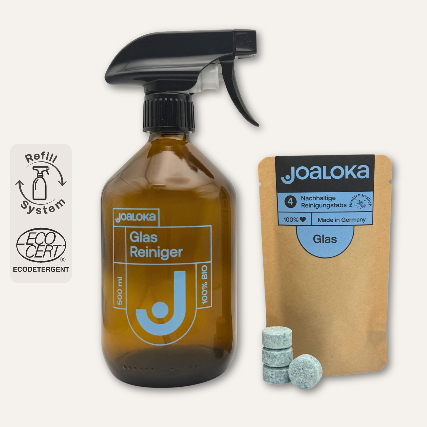 Glasreiniger-Set: 4 Tabs & Braunglasflasche - ergibt 4x500 ml Reiniger