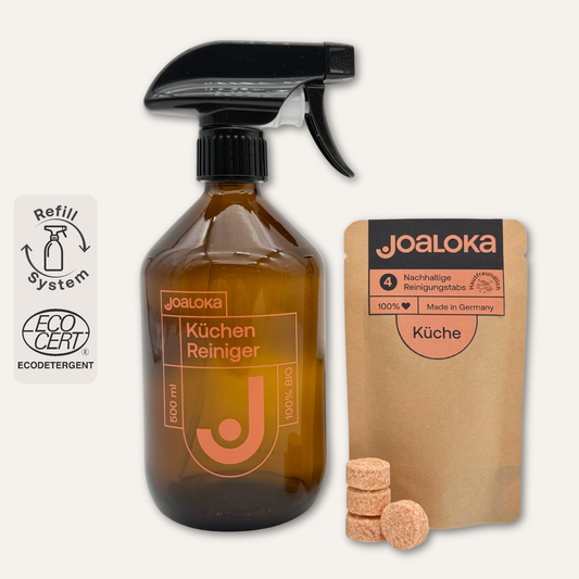 Küchenreiniger-Set: 4 Tabs & Braunglasflasche - ergibt 4x500 ml Reiniger