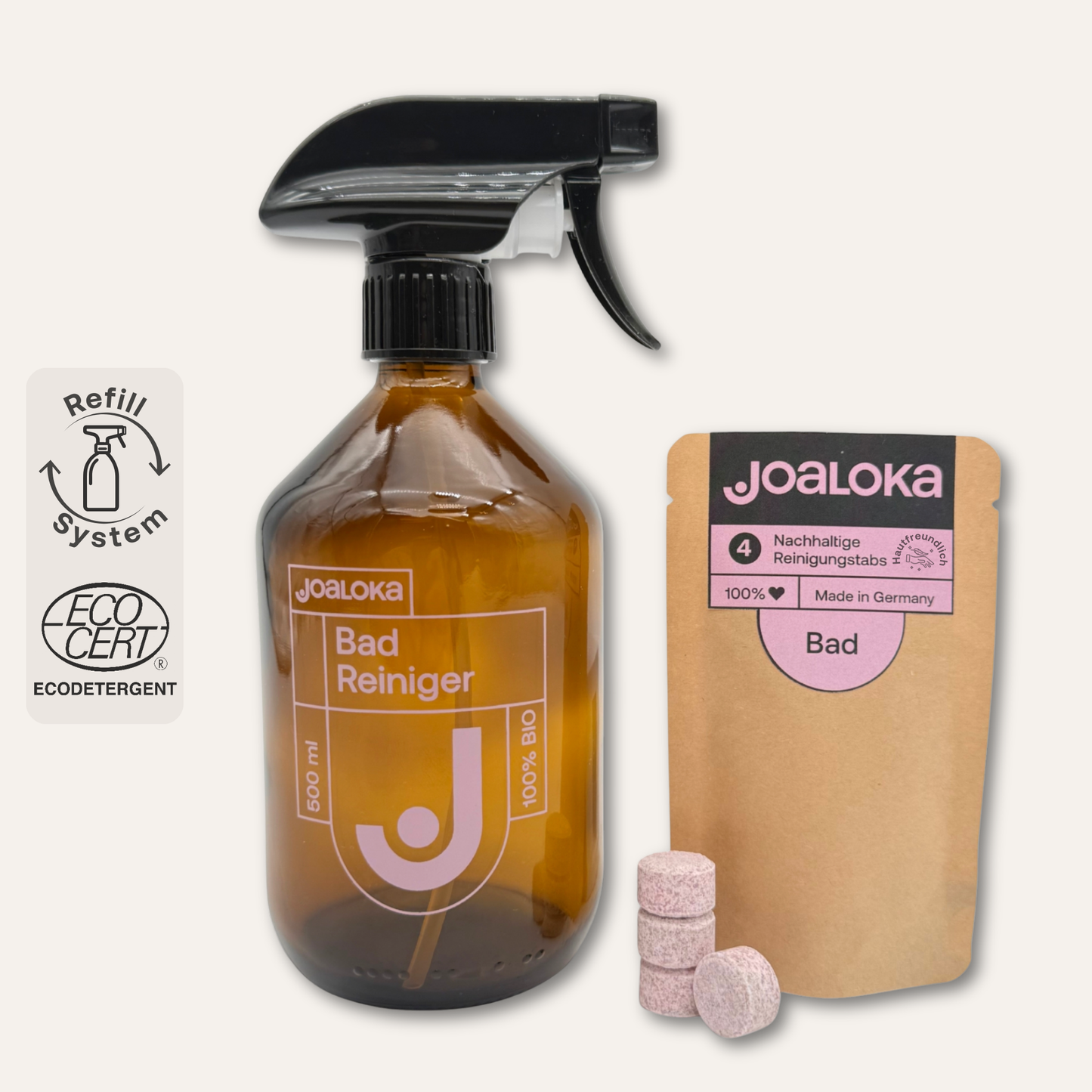 Badreiniger-Set: 4 Tabs & Braunglasflasche - ergibt 4x500 ml Reiniger