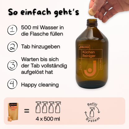 Küchenreiniger-Set: 4 Tabs & Braunglasflasche - ergibt 4x500 ml Reiniger