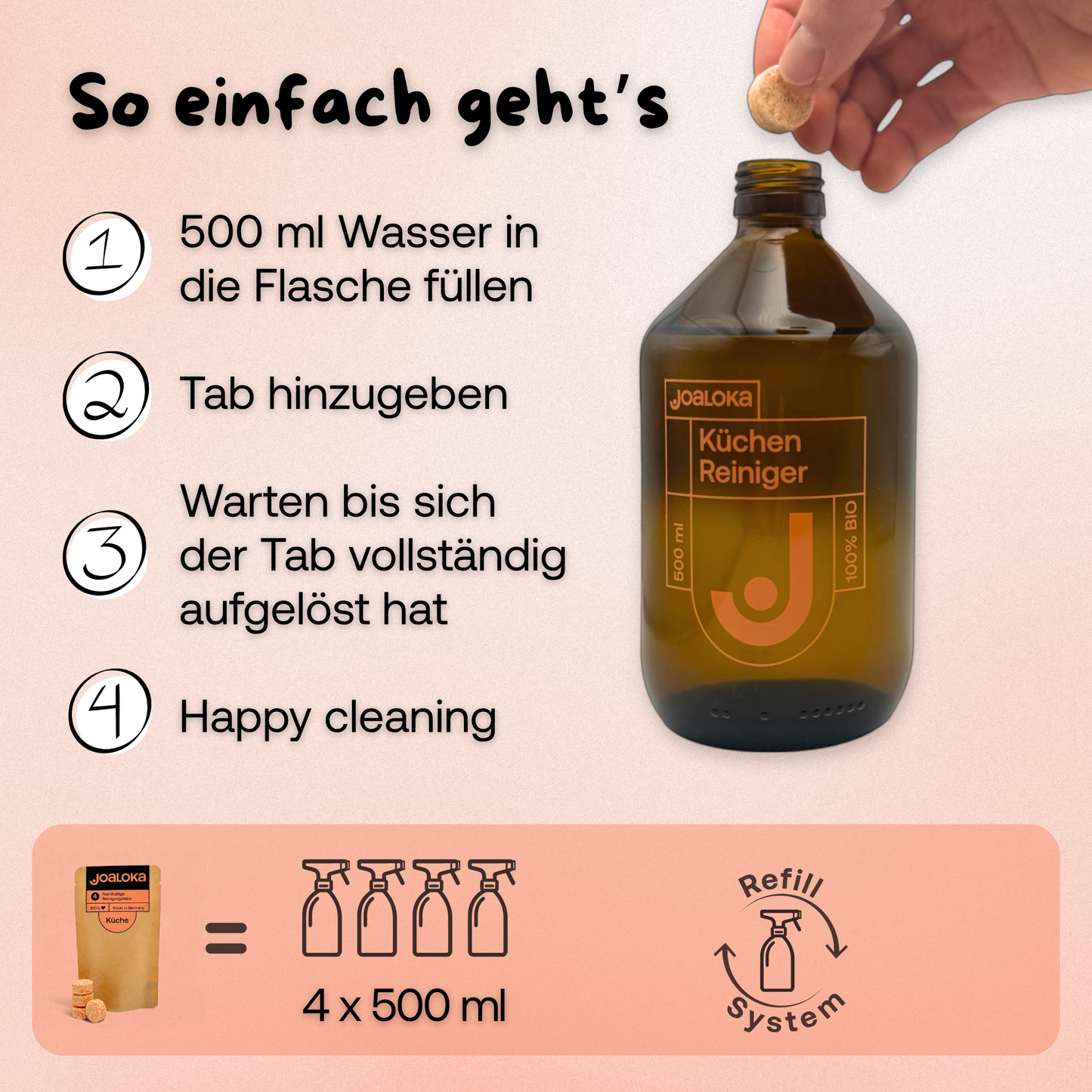 Küchenreiniger-Set: 4 Tabs & Braunglasflasche - ergibt 4x500 ml Reiniger
