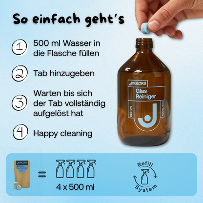 Glasreiniger-Set: 4 Tabs & Braunglasflasche - ergibt 4x500 ml Reiniger
