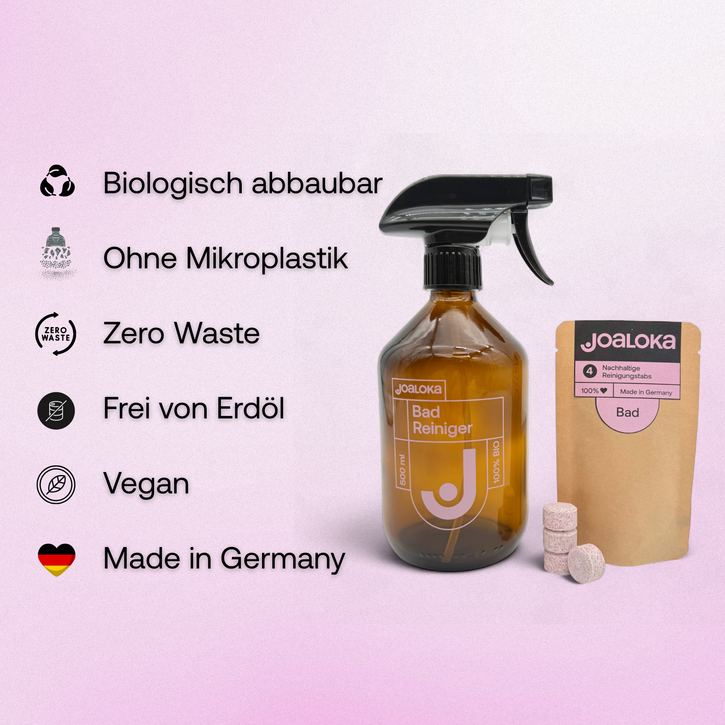 Badreiniger-Set: 4 Tabs & Braunglasflasche - ergibt 4x500 ml Reiniger