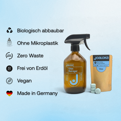 Glasreiniger-Set: 4 Tabs & Braunglasflasche - ergibt 4x500 ml Reiniger