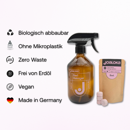 Badreiniger-Set: 4 Tabs & Braunglasflasche - ergibt 4x500 ml Reiniger