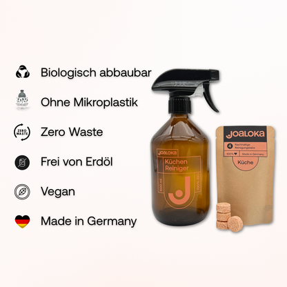 Küchenreiniger-Set: 4 Tabs & Braunglasflasche - ergibt 4x500 ml Reiniger