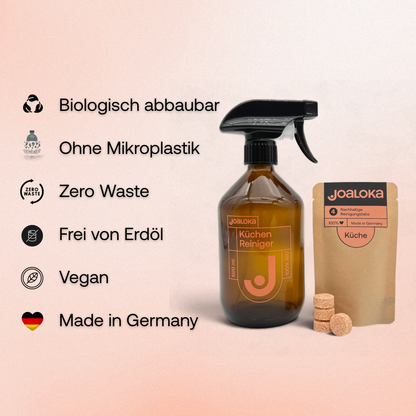 Küchenreiniger-Set: 4 Tabs & Braunglasflasche - ergibt 4x500 ml Reiniger