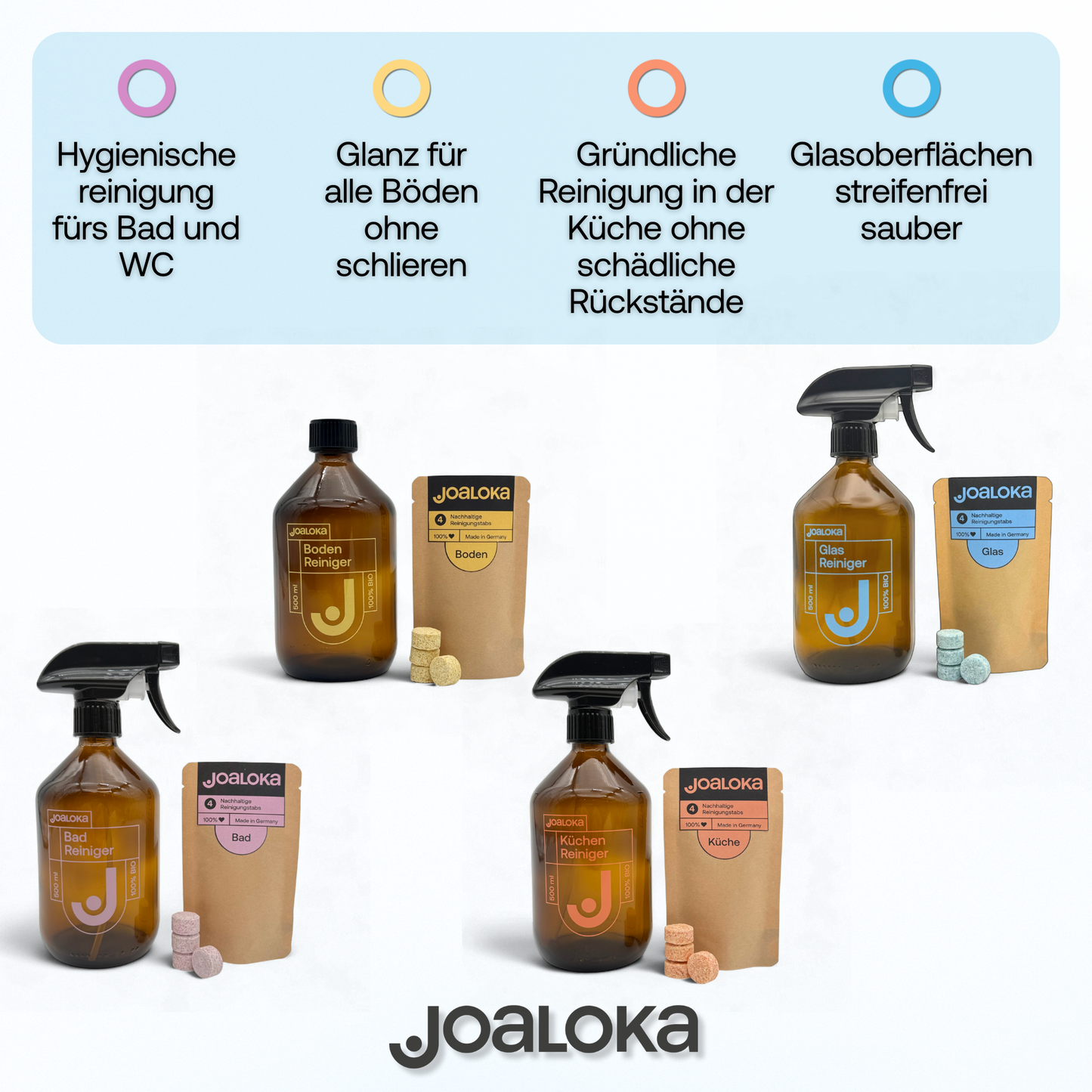 Glass cleaner set, 4 tabs with spray bottle for streak-free cleaning