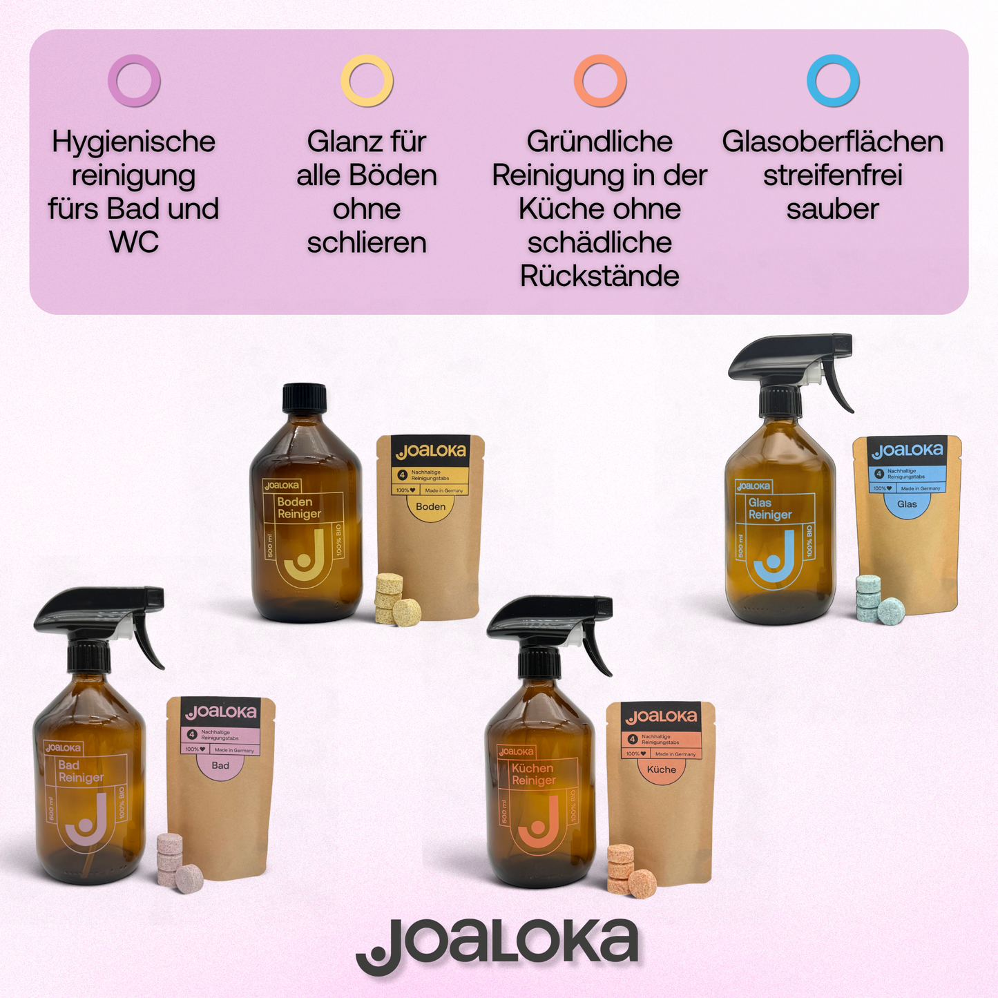 Badreiniger-Set: 4 Tabs & Braunglasflasche - ergibt 4x500 ml Reiniger