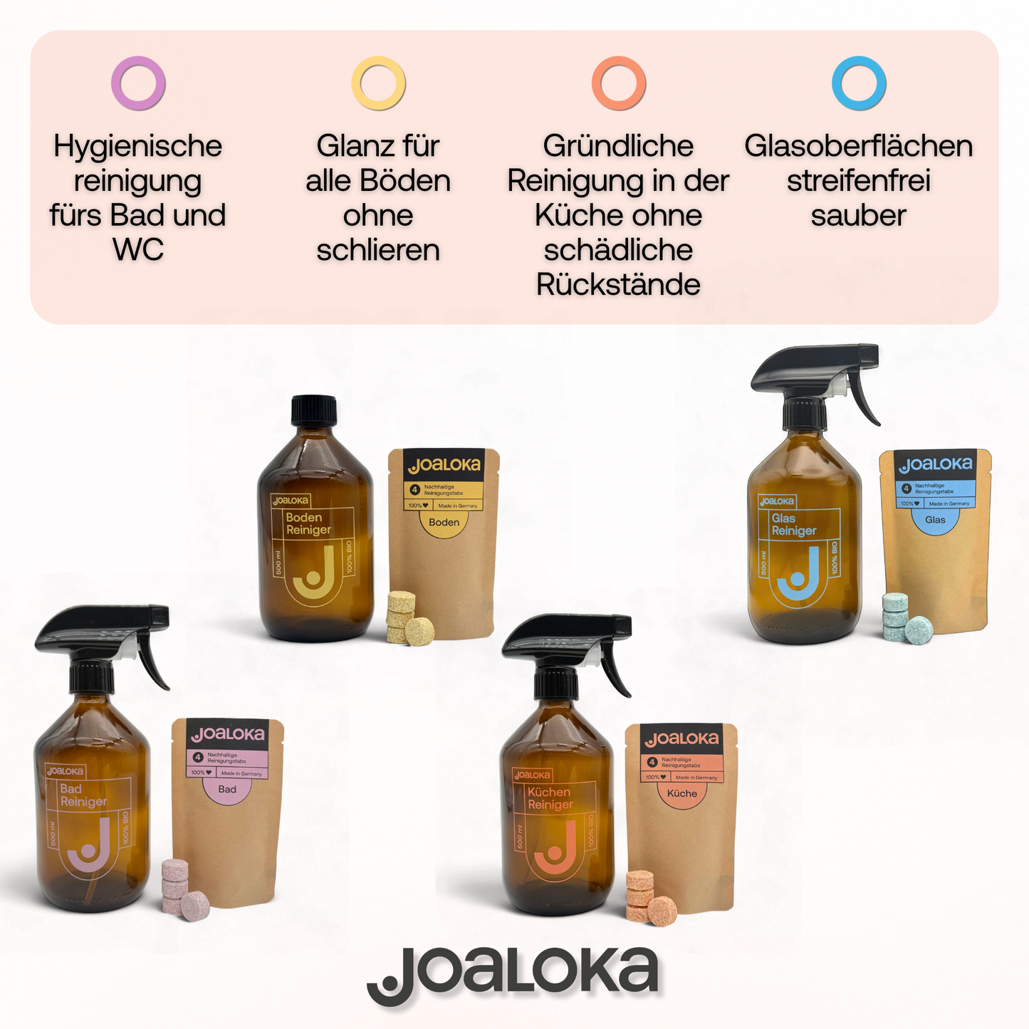 Küchenreiniger-Set: 4 Tabs & Braunglasflasche - ergibt 4x500 ml Reiniger