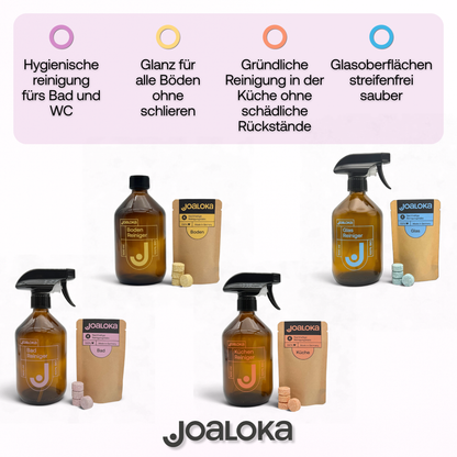 Badreiniger-Set: 4 Tabs & Braunglasflasche - ergibt 4x500 ml Reiniger